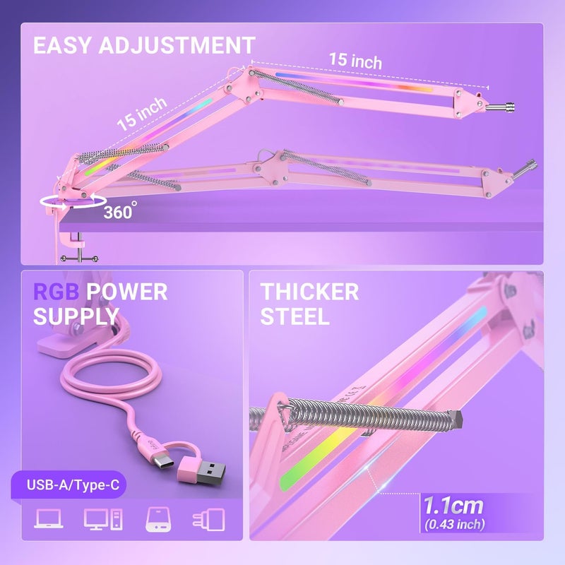 FIFINE Microphone Boom Arm, Metal Adjustable Mic Arm Stand with RGB Button, 3/8” to 5/8” Screw Adapter, Desk Mount Clamp, Suspension Scissor Mic Stand for Gaming Streaming Podcast-AmpliGame BM38P - Image 4